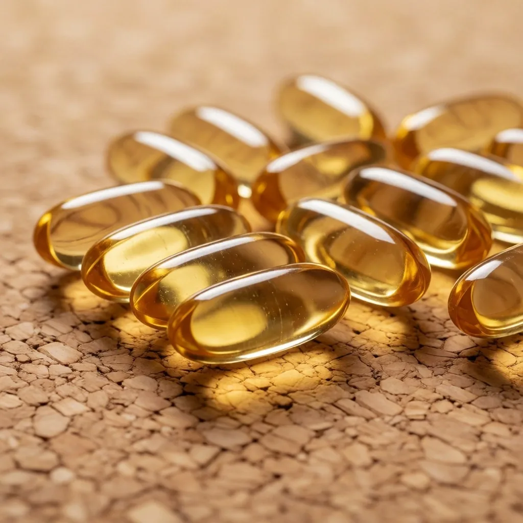 Natural supplement capsules on cork surface