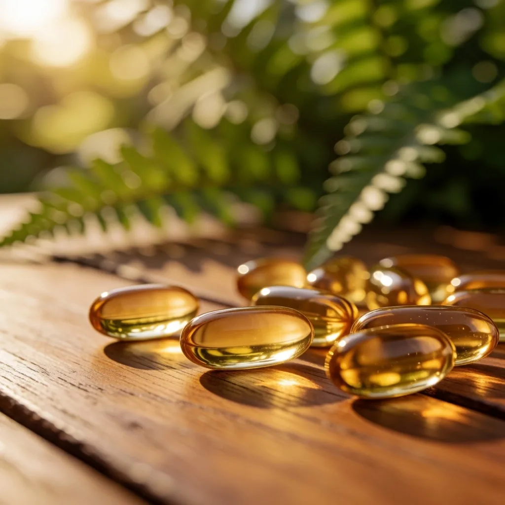 Natural supplement capsules on teak wood