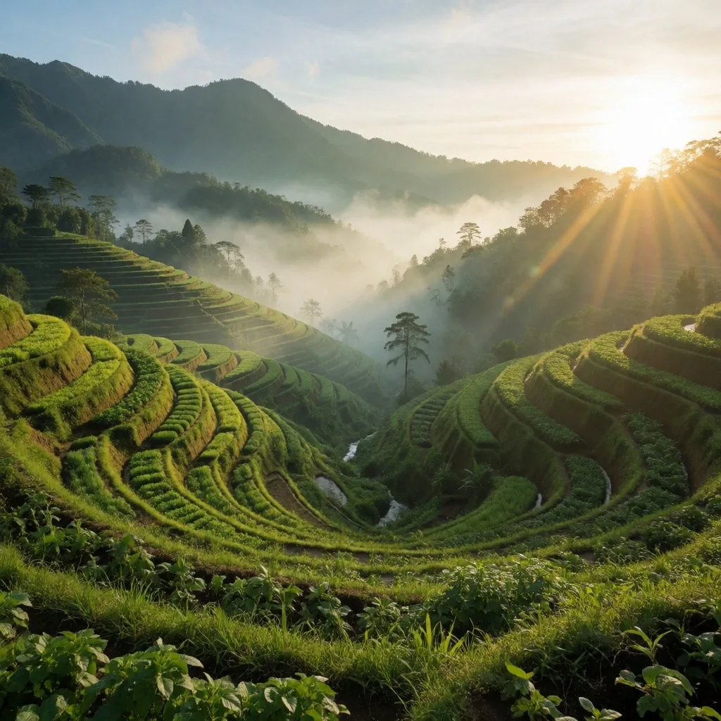 Indonesian highland valley at sunrise with terraced herb gardens
